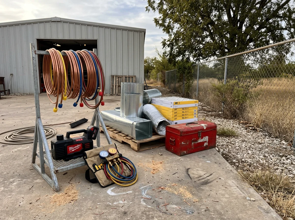 Environmental photo of HVAC tools and equipment arranged for a residential heating and air service job. No people are shown in the image.