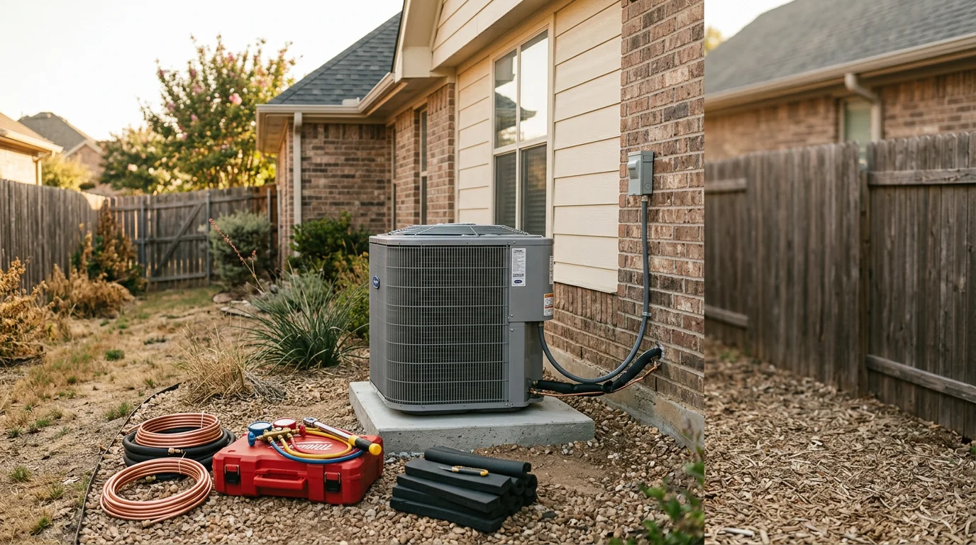 Air conditioning unit being serviced by a Texas Bros Heating and Air technician in Crandall, Texas.