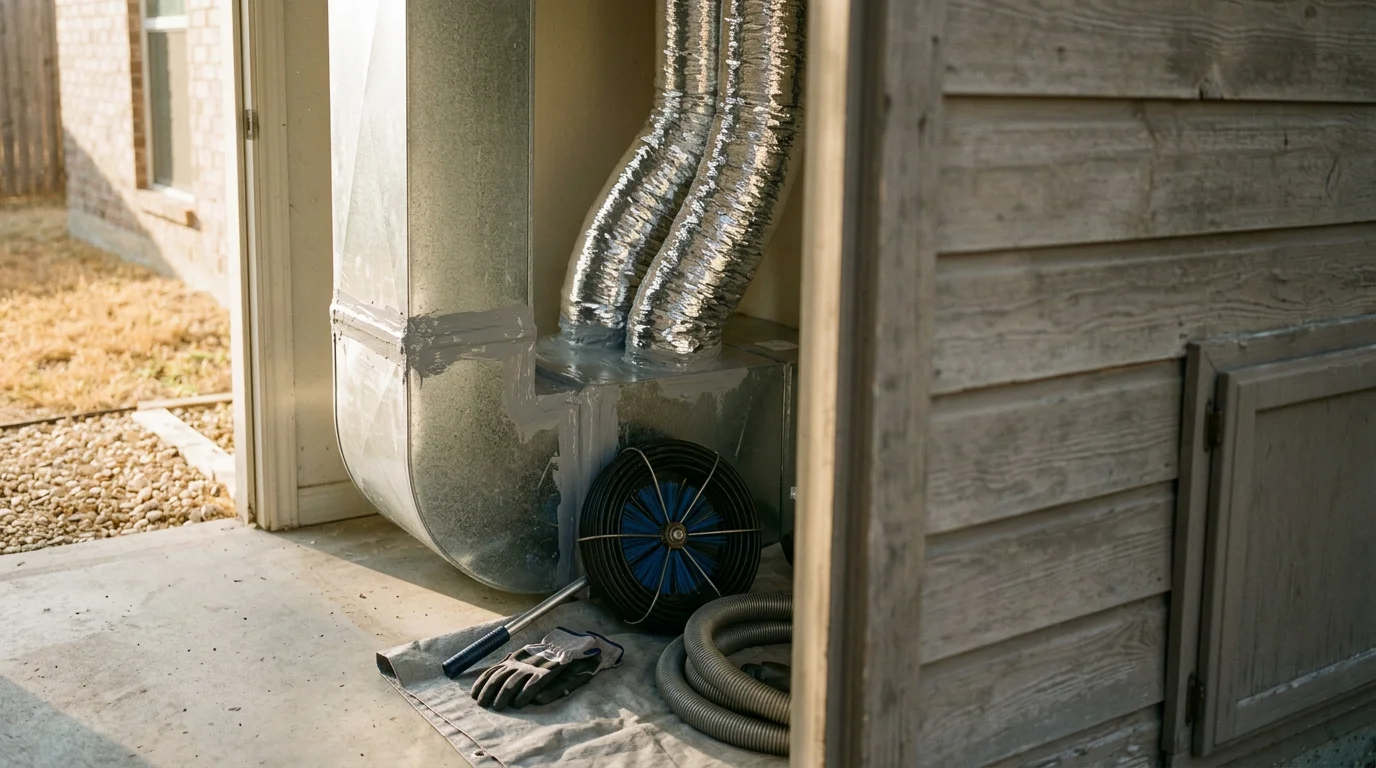 Technician cleaning air ducts in a home in Crandall, Texas.
