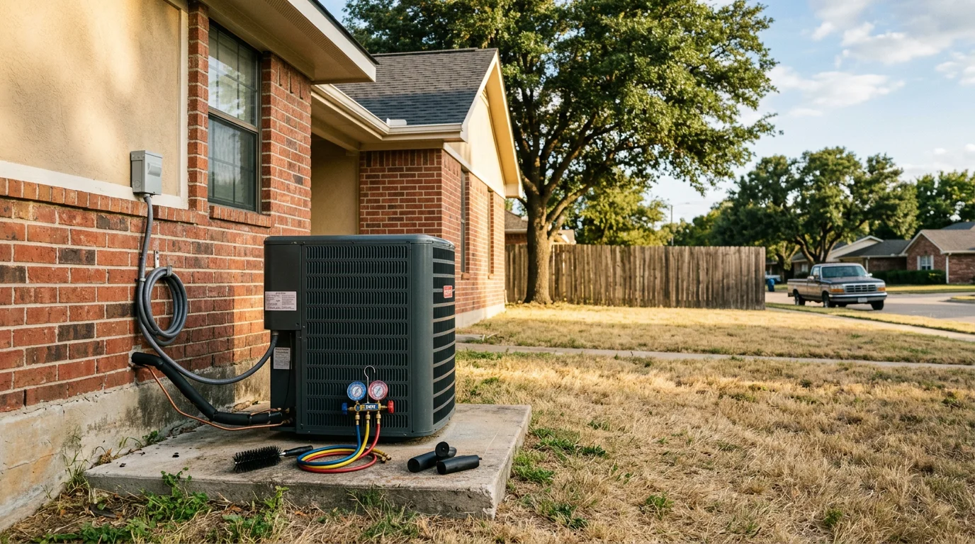 Texas Bros Heating and Air technician working on a residential HVAC system in Crandall, Texas.
