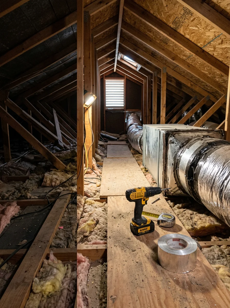 Close-up of a technician checking ductwork connections in the attic of a 1990s brick home in Crandall, Texas.