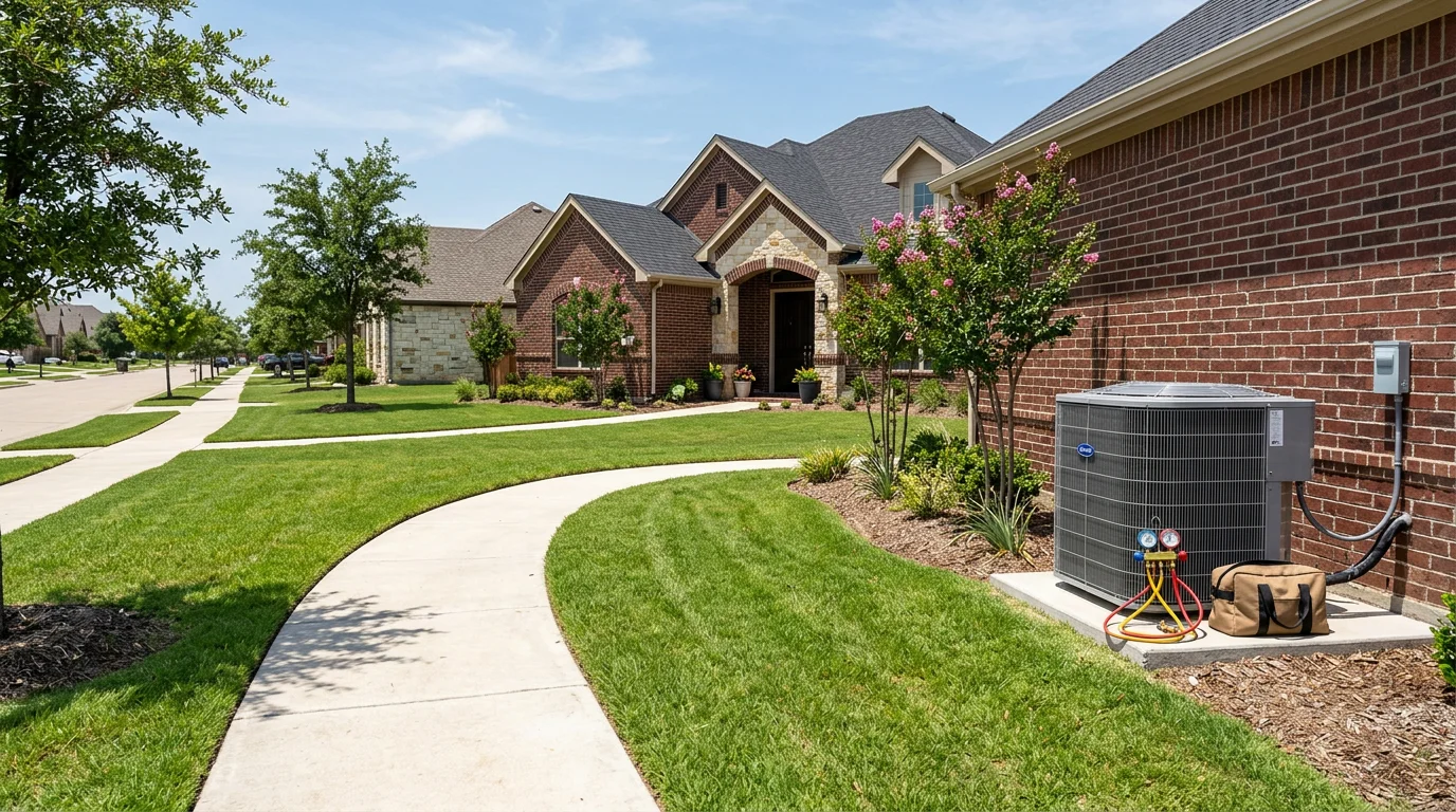 HVAC technician inspecting an outdoor AC condenser unit beside a new brick home in a Crandall, TX master-planned subdivision on a sunny day.