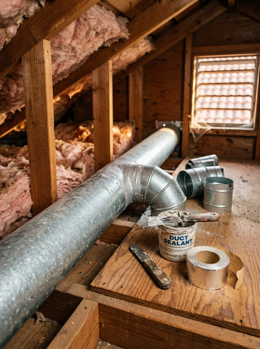 Technician sealing duct joints in the attic of a 1960s Dallas, TX home during an HVAC duct and vent repair visit.