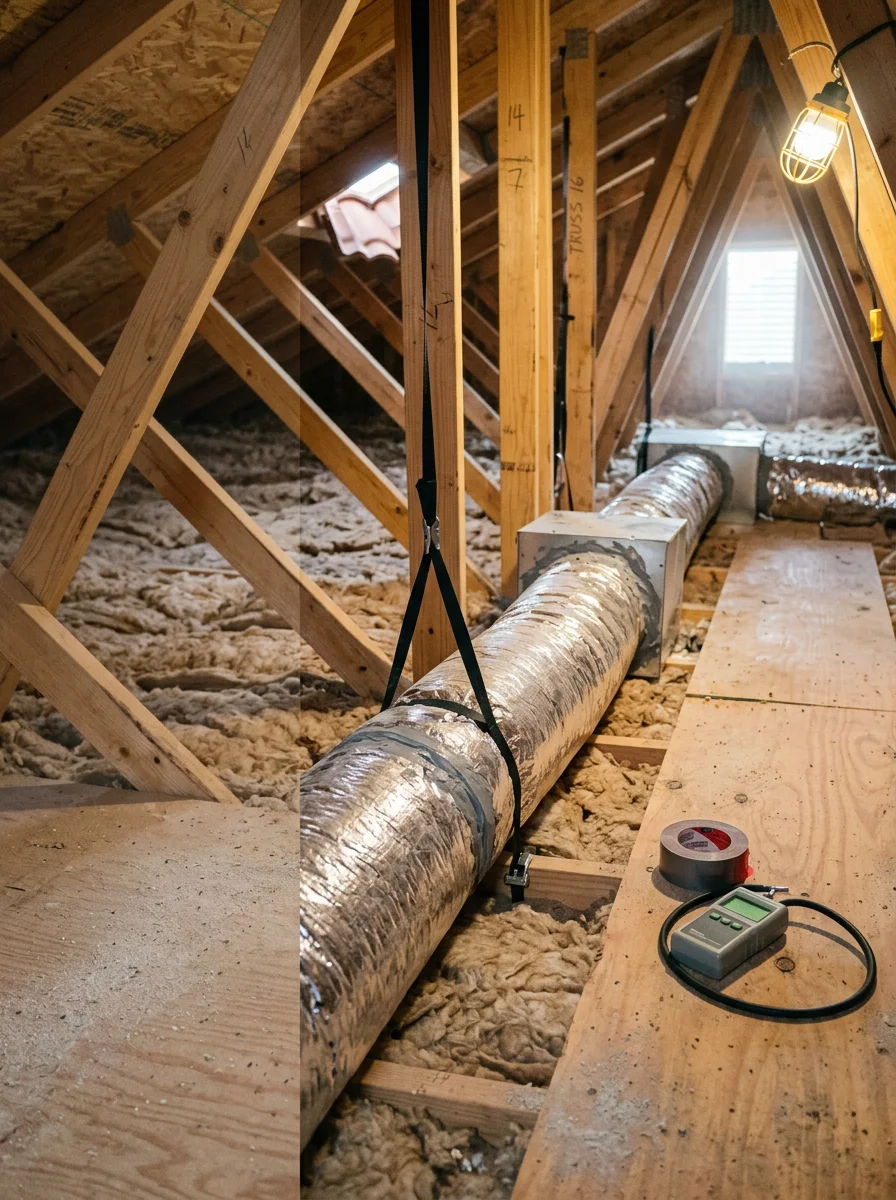 Technician checking flex duct connections in the attic of a newer Forney, Texas home during an HVAC duct inspection.
