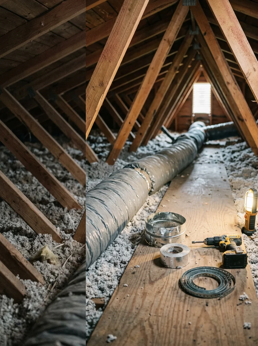 Technician inspecting a long flex duct run in the attic of a rural Kaufman County, TX home during an HVAC duct and vent repair visit.
