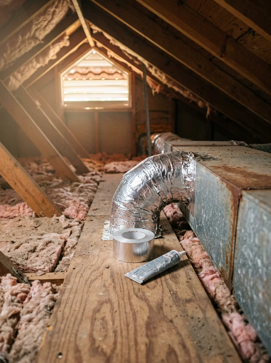 Technician sealing a duct joint in the attic of an older Kaufman, TX home during an HVAC duct and vent repair visit.