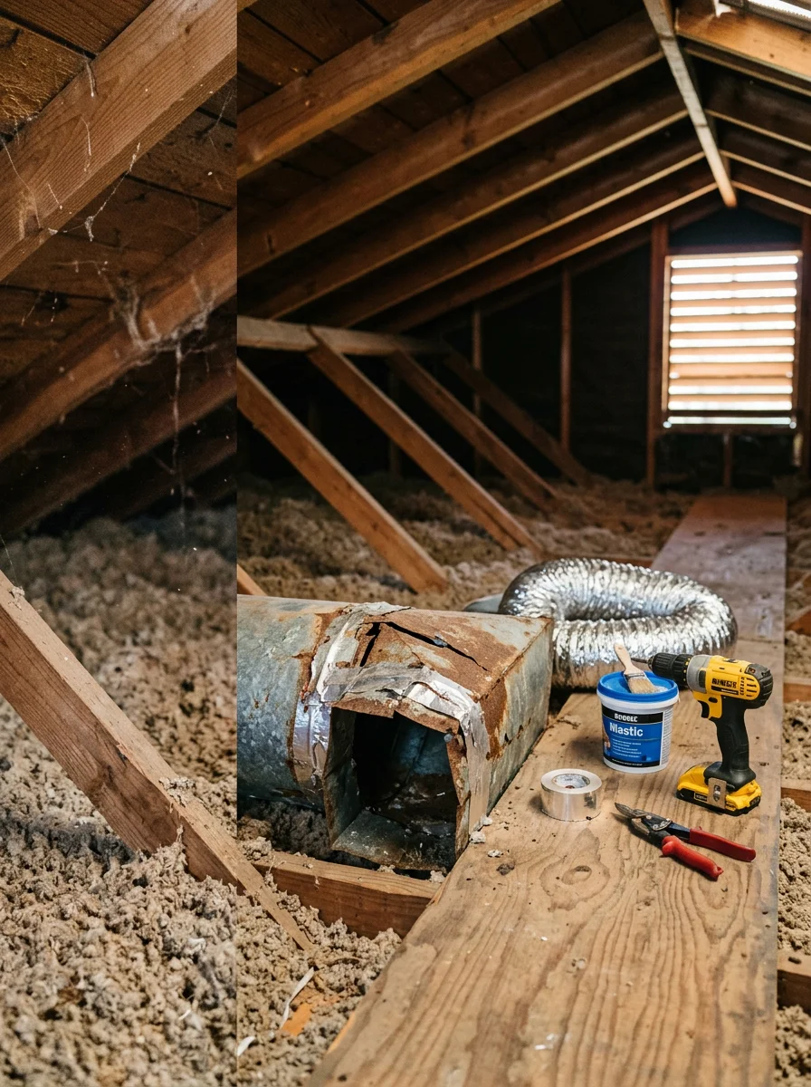 Technician inspecting deteriorated metal ductwork in the attic of a mid-century Mesquite, TX home during an HVAC duct repair visit.