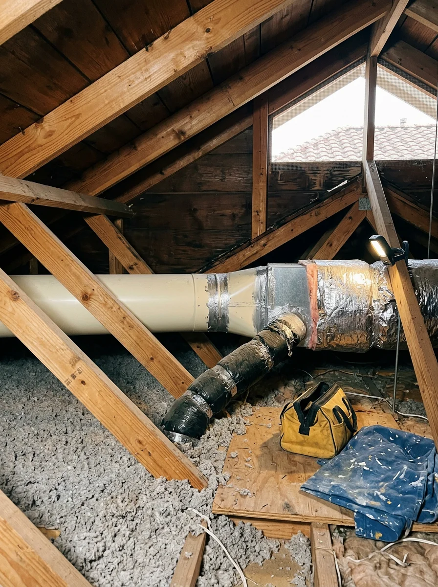 Technician inspecting ductwork connections inside the attic of a Rockwall, TX home during an HVAC duct and vent maintenance visit.