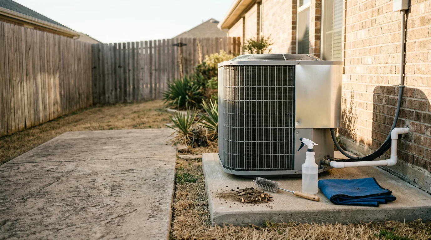 A Texas Bros Heating and Air technician inspecting the outdoor condenser unit of a residential A/C system in the Crandall and Forney service area. The technician is checking electrical connections and coil condition during a routine maintenance visit.