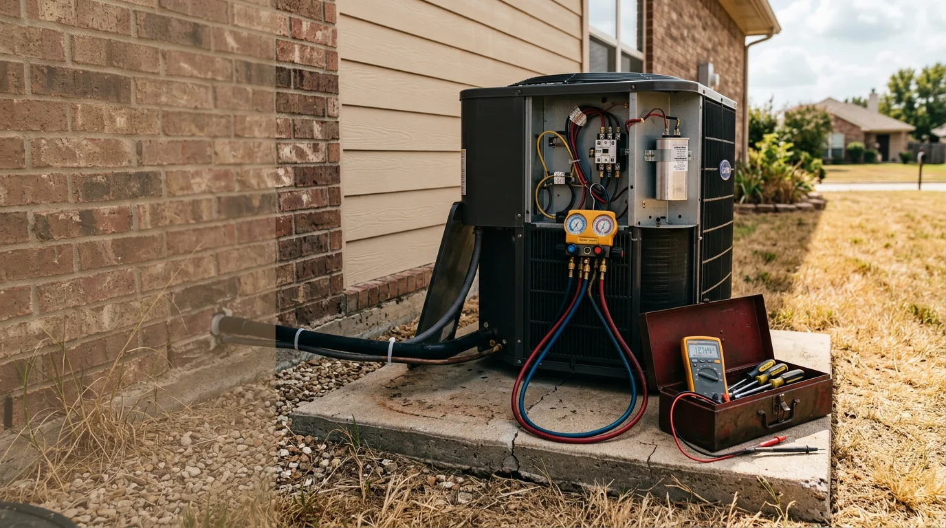 A Texas Bros Heating and Air technician inspecting an outdoor A/C condenser unit at a residential home in the Crandall and Forney area of Kaufman County, Texas. The technician checks electrical components on a sun-exposed unit during a hot Texas summer day.