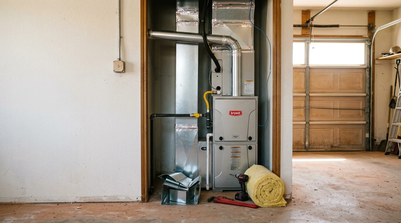 A new heating system installed in a residential utility room in Crandall, Texas, with clean copper line connections and a properly mounted air handler. A Texas Bros Heating and Air technician checks the system controls after completing the installation.
