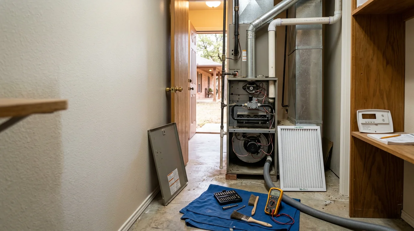 A Texas Bros Heating and Air technician inspecting a residential furnace unit during a heating system maintenance visit in the Kaufman County area. The image shows internal components being checked inside a home in the Crandall and Forney service region.