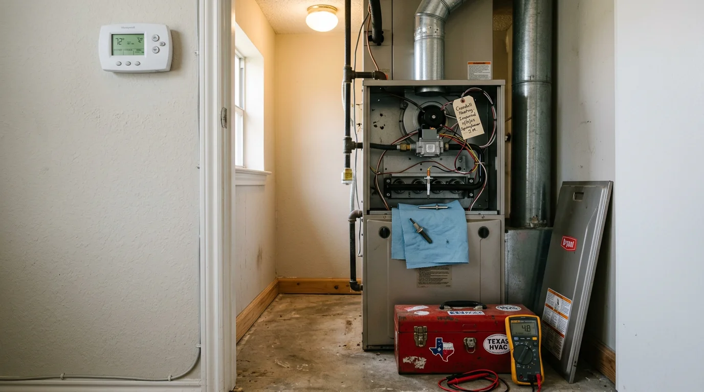 A Texas Bros Heating and Air technician inspecting an open furnace panel inside a home in the Forney and Kaufman County area of North Texas. The image shows internal heating components including the blower and ignitor being examined during a heating system repair visit.