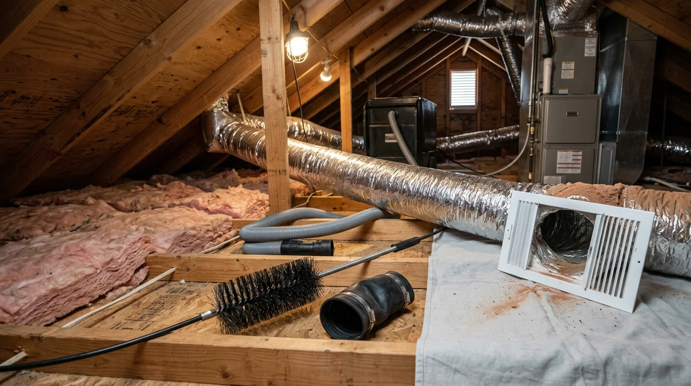 Interior view of a residential HVAC duct being cleaned in a North Texas home, showing dust and debris removal from a flex-duct supply line. Texas Bros Heating and Air technician servicing ductwork in the Crandall and Forney area.