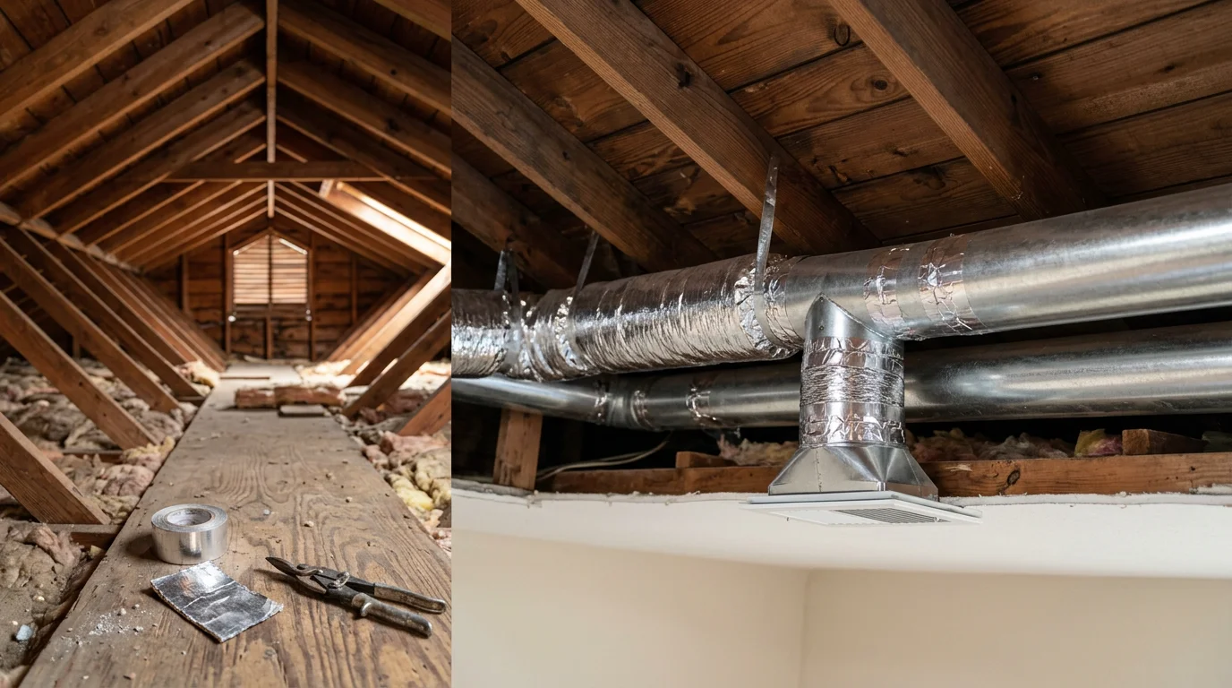 A Texas Bros Heating and Air technician installing insulated HVAC duct runs in the attic of a residential home in the Crandall and Forney area. New supply and return ductwork is visible, routed and sealed before connection to the air handler.