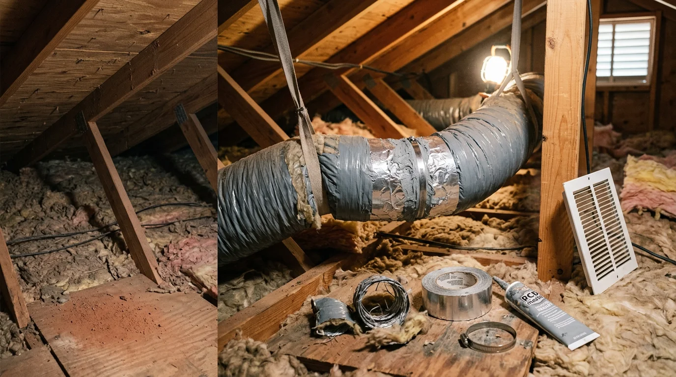 HVAC technician sealing a leaking flex duct joint in a residential attic in Crandall, Texas. The repaired duct connection is wrapped and secured, with visible ductwork running toward supply vents in the home below.