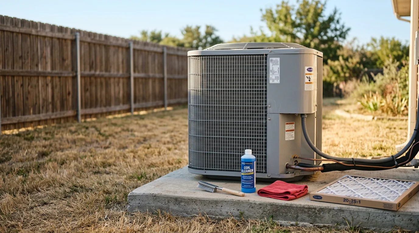 An HVAC technician inspecting the outdoor condenser unit of a residential home in the Kaufman County area of North Texas. The technician checks coil condition and electrical connections during a seasonal maintenance visit.