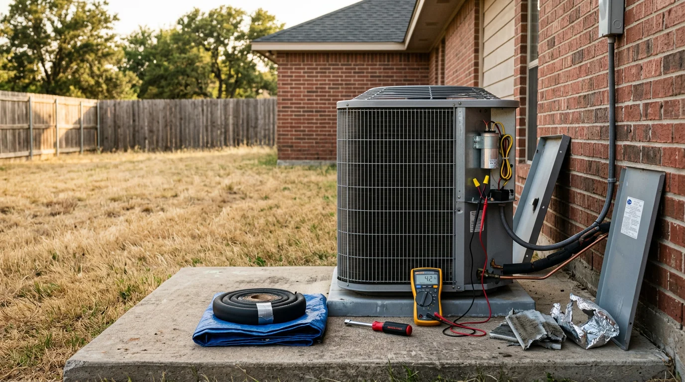A Texas Bros Heating and Air technician inspecting an outdoor HVAC condenser unit at a residential home in the Kaufman County area. The image shows a hands-on repair visit on a clear Texas summer day.
