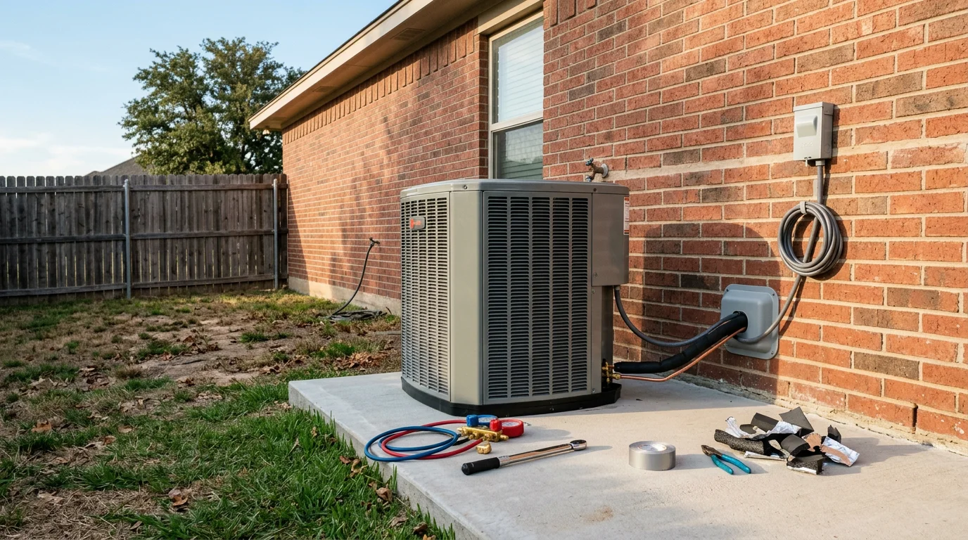 A Texas Bros Heating and Air technician completing an AC installation at a single-family home in the Crandall and Forney area of North Texas. The outdoor condenser unit is mounted on a concrete pad beside the home, with the installation finished and ready for startup.