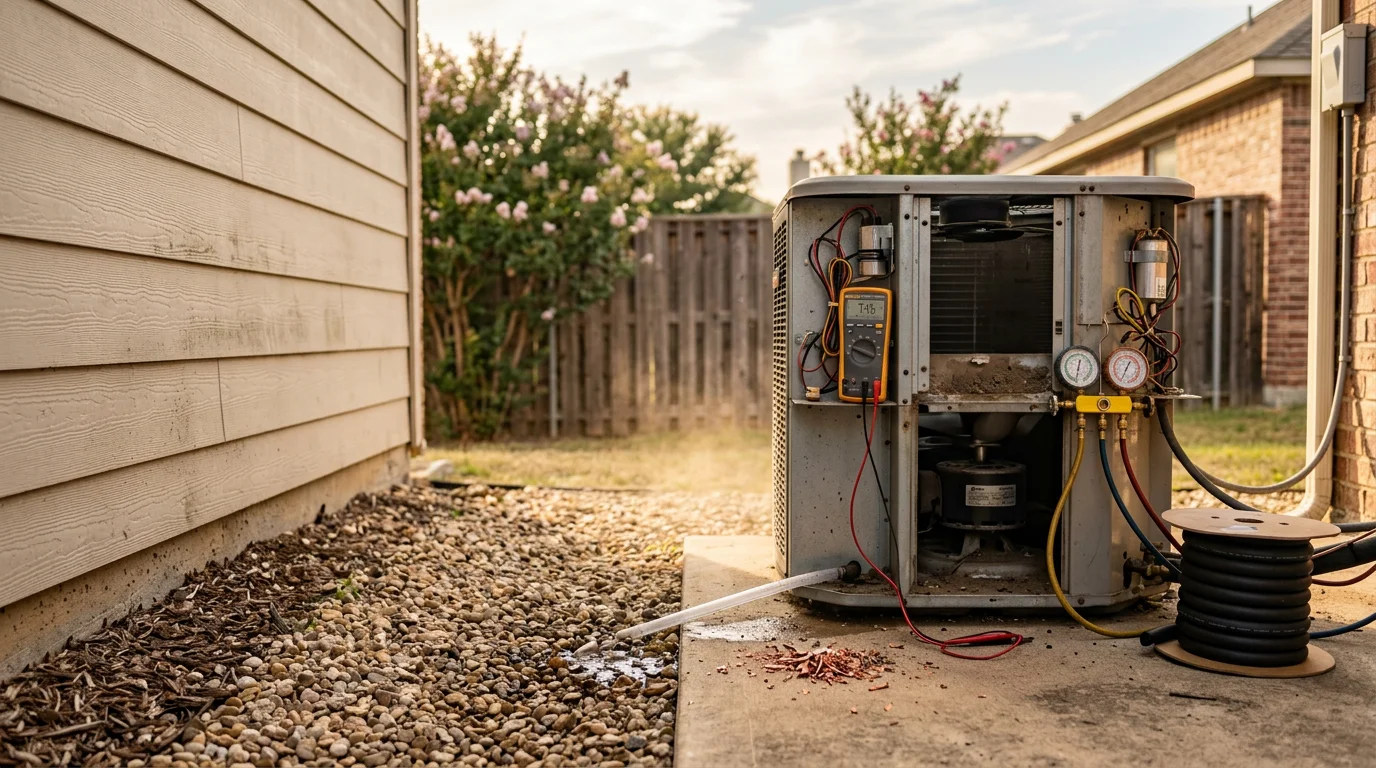 A Texas Bros Heating and Air technician inspecting an outdoor HVAC condenser unit at a residential home in the Crandall and Forney area of Kaufman County, Texas. The image shows a hands-on repair diagnostic in a typical North Texas suburban setting.