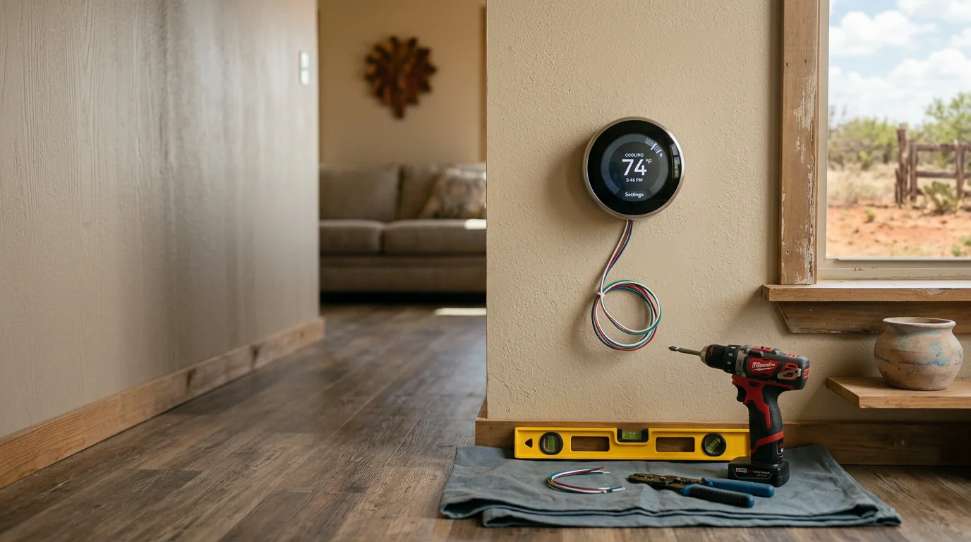 A newly installed thermostat mounted on an interior wall in a Crandall, Texas home, with clean wiring and a level wall plate. The display shows the current indoor temperature with the HVAC system active.