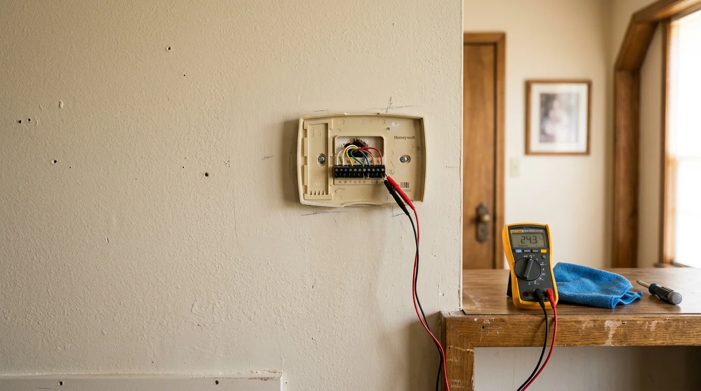 A technician from Texas Bros Heating and Air inspecting thermostat wiring inside a residential home in Forney, Texas. The wall-mounted thermostat display is visible with the control panel open for diagnostic work.